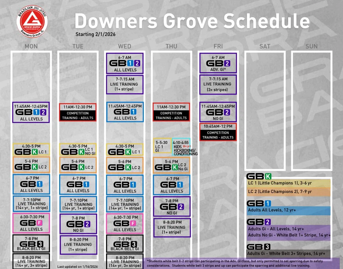 Downers Grove martial arts class schedule chart with color-coded time blocks for different age groups and skill levels.