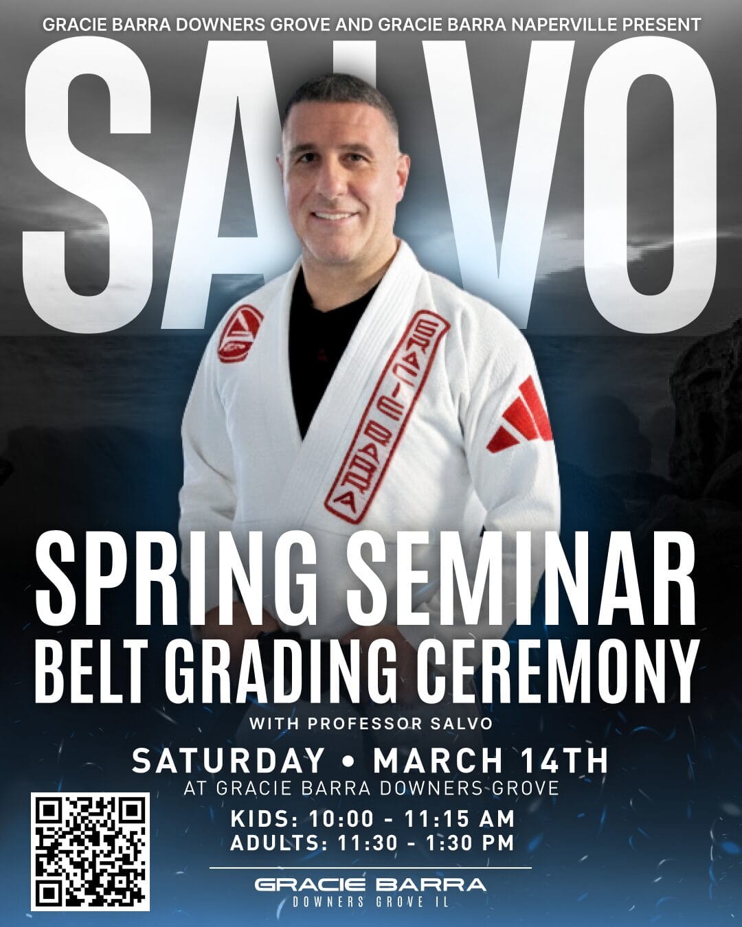 Professor Salvo smiles in a black gi on a poster for a spring seminar and belt grading ceremony event.