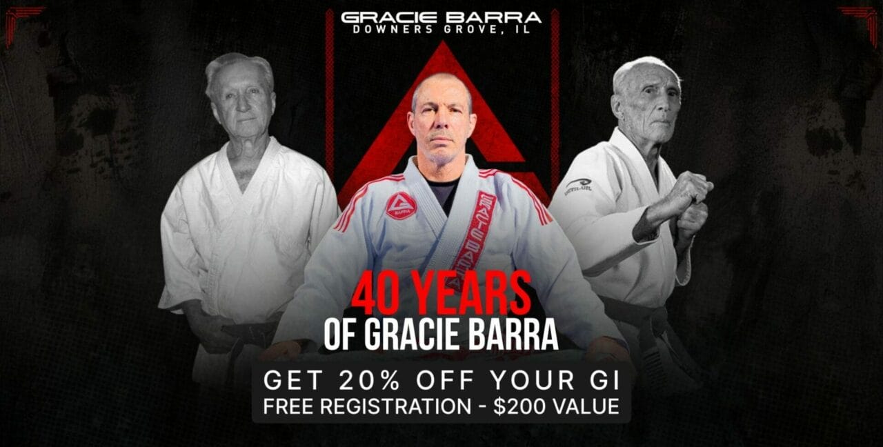 Three men in martial arts uniforms with "40 Years of Gracie Barra" and a promotional offer for registration and gi discount.