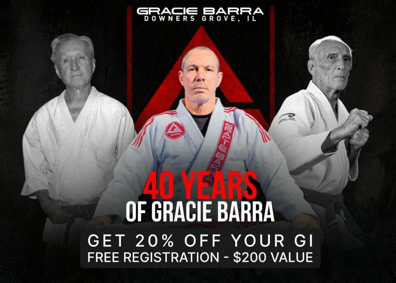 Three men in martial arts uniforms with "40 Years of Gracie Barra" and a promotional offer for registration and gi discount.
