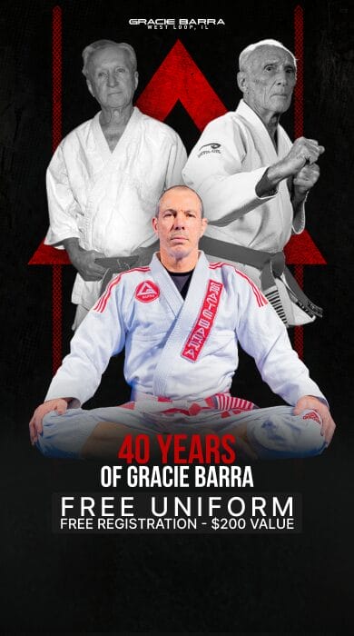 Three men in martial arts uniforms with "40 Years of Gracie Barra" and "Free Uniform" promotion text below.