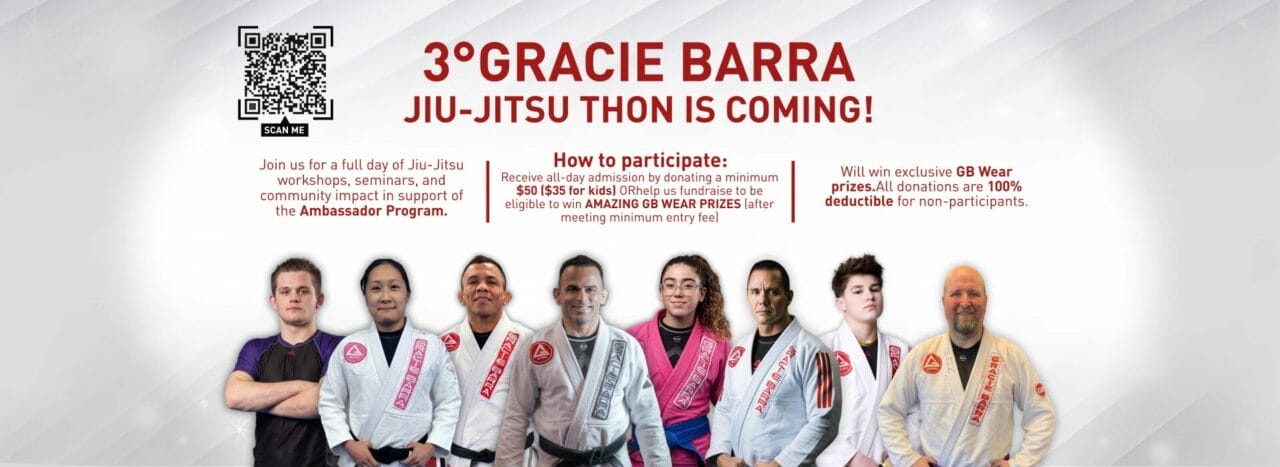 A group of BJJ practitioners in uniform, including a blackbelt, pose for a Gracie Barra Jiu-Jitsu fundraising event announcement.