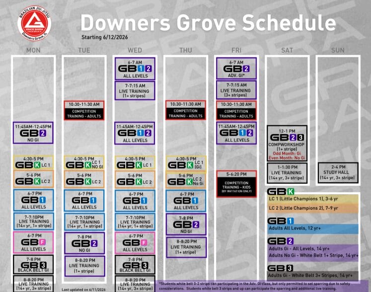 Gracie Barra Downers Grove jujitsu school schedule showing weekly classes and training times